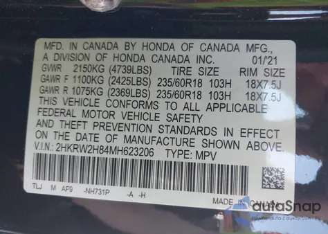 2021 Honda Cr-V Awd Ex-L z USA, uszkodzony, nr VIN 2HKRW2H84MH623206